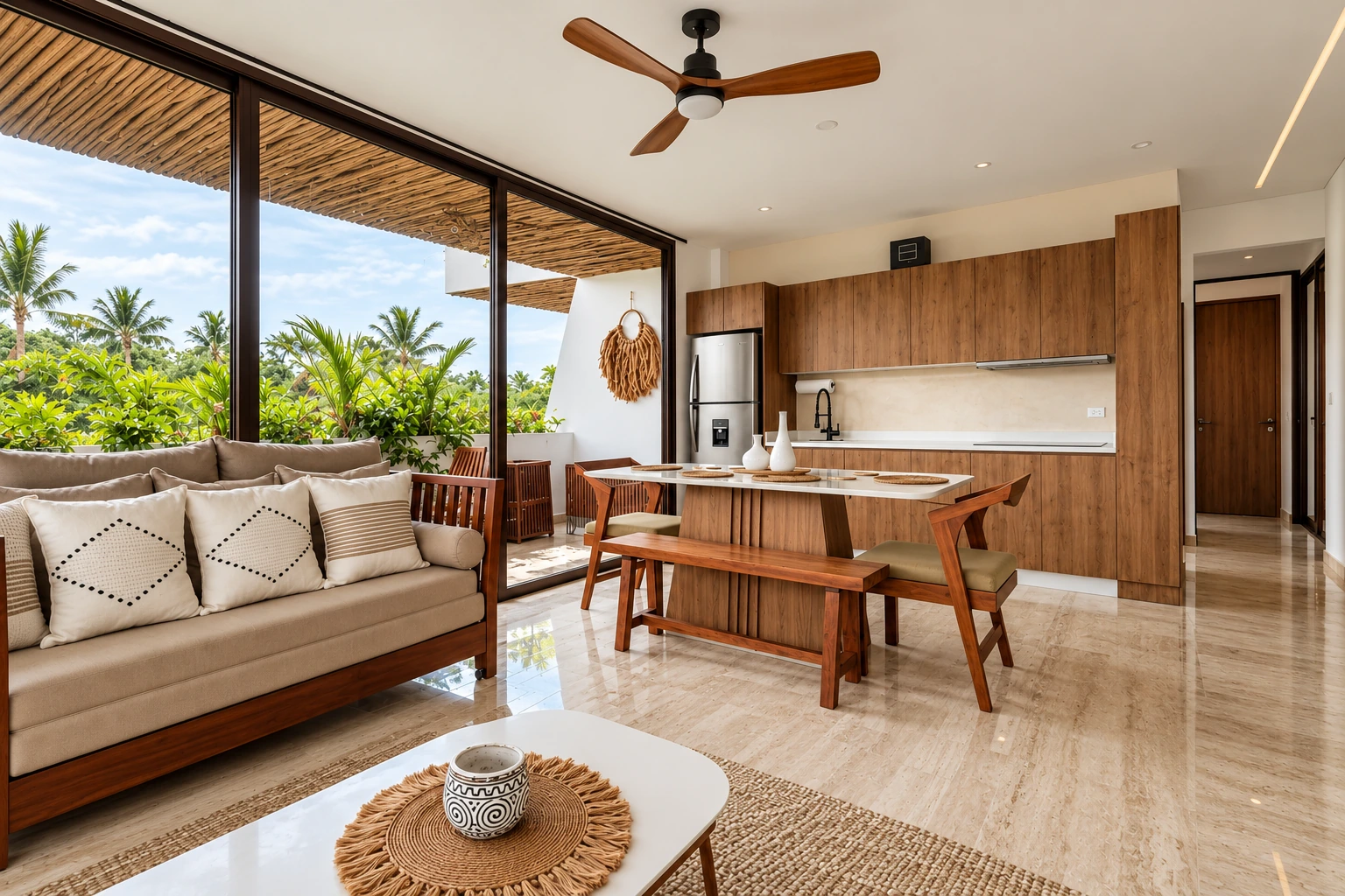 A guest suite seen through the keyhole: a sofa with patterned cushions, a wooden dining table and kitchen, glass doors onto a terrace and palms